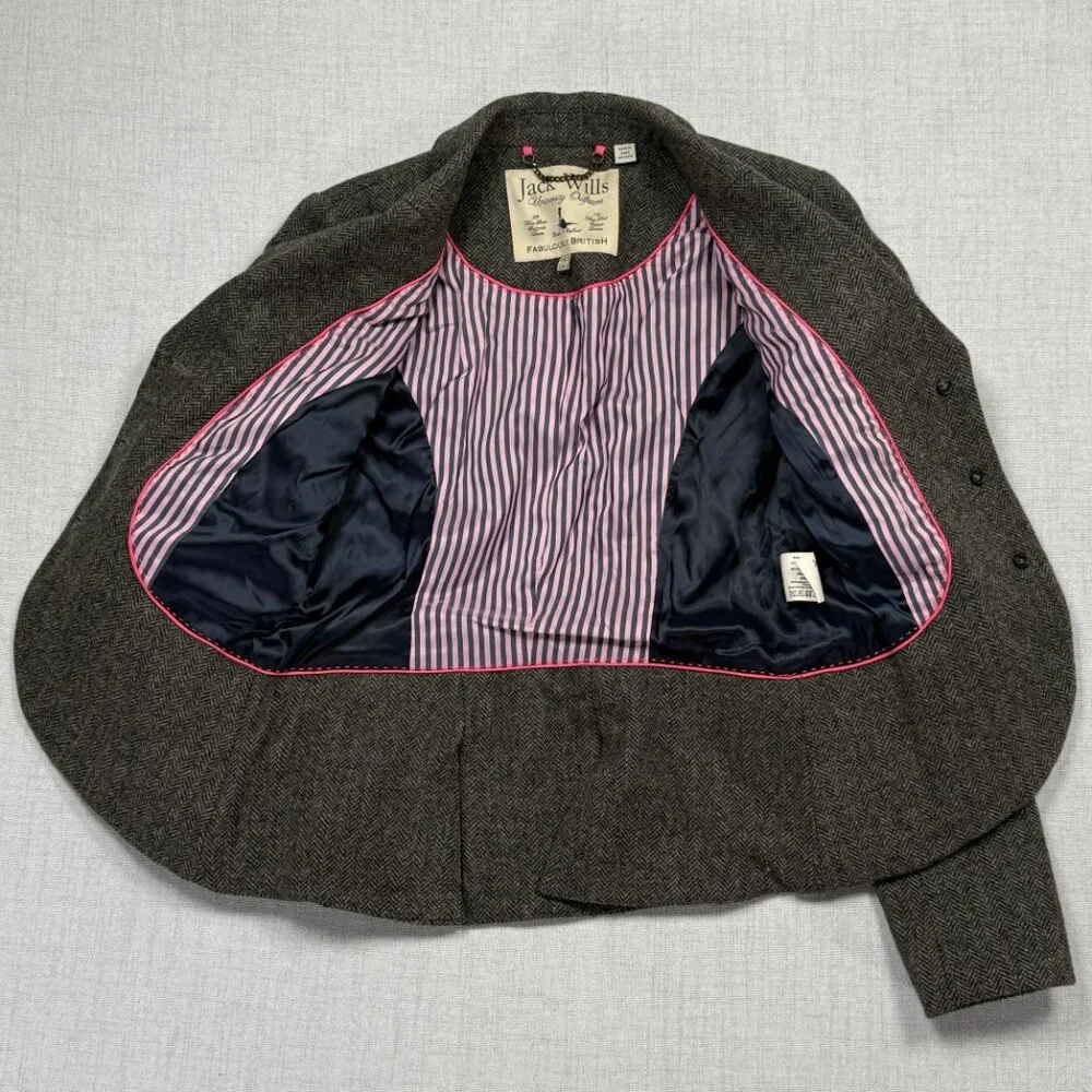 Jack Wills Tailored Blazer Herringbone Gray Wool Three Button Front Size 6 - Picture 4 of 12